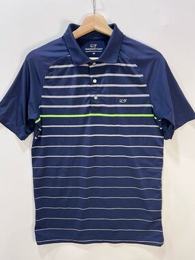 Vineyard Vines Navy Polo with White Stripes and Neon Green Accent